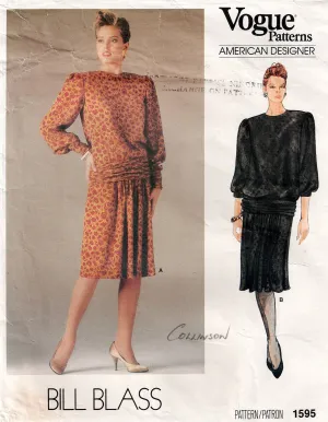 Vogue American Designer 1595 BILL BLASS Womens Blouson Ruched Top & Slim Tucked Front Skirt 1980s Vintage Sewing Pattern Size 12 Bust 34 inches UNCUT Factory Folded