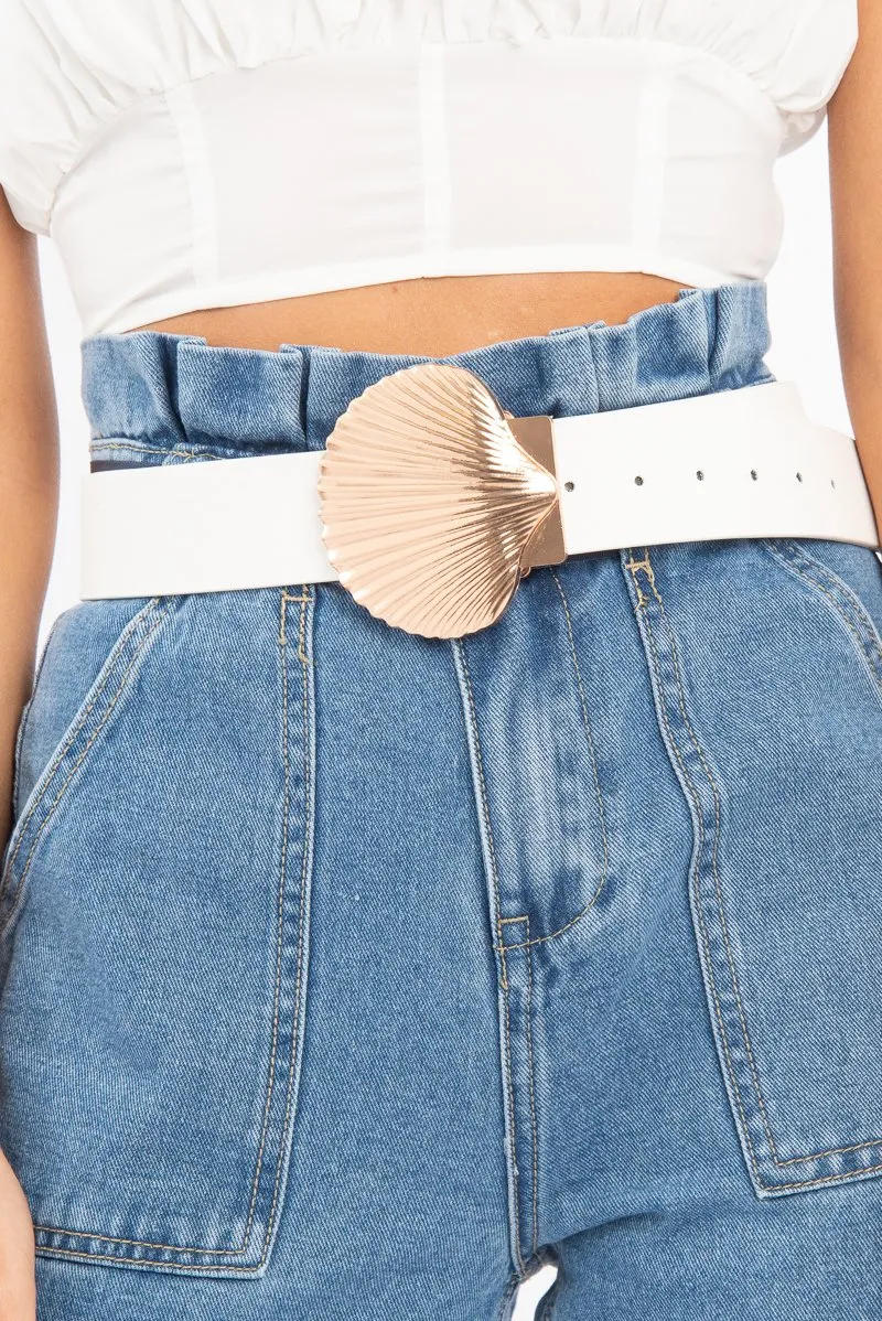 White Faux Leather Shell Buckle Belt - Cairo