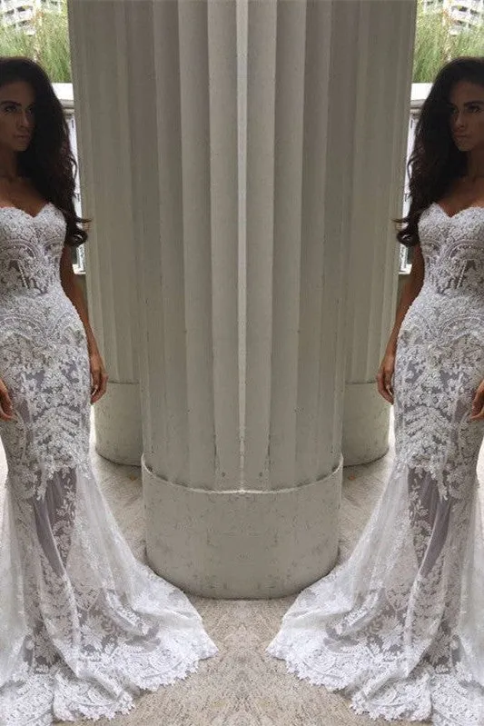 White Sweetheart Neck Sheer Lace Appliques Mermaid Wedding Dresses