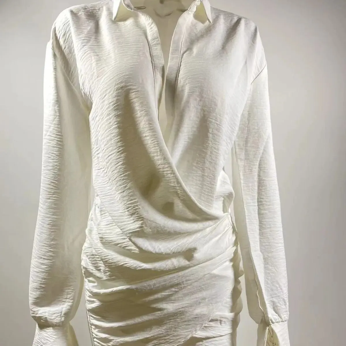 White V-Neck Long-Sleeve Linen Dress - Sexy INS Fashion for Women