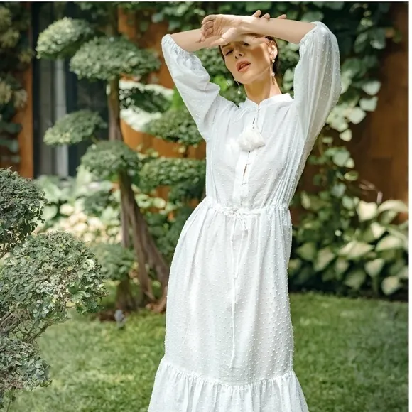 Wolf &amp; Badger BrunnaCo White Cotton Swiss Dot MADELEINE Prairie Midi Dress