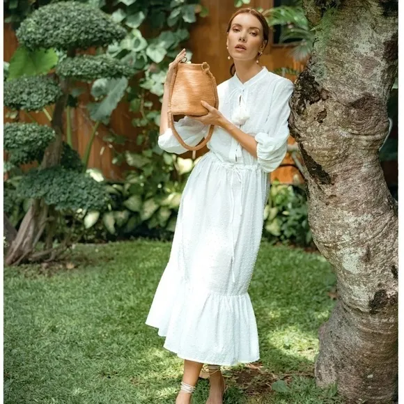 Wolf &amp; Badger BrunnaCo White Cotton Swiss Dot MADELEINE Prairie Midi Dress