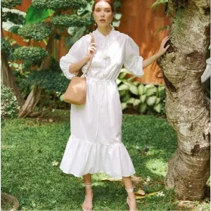 Wolf &amp; Badger BrunnaCo White Cotton Swiss Dot MADELEINE Prairie Midi Dress