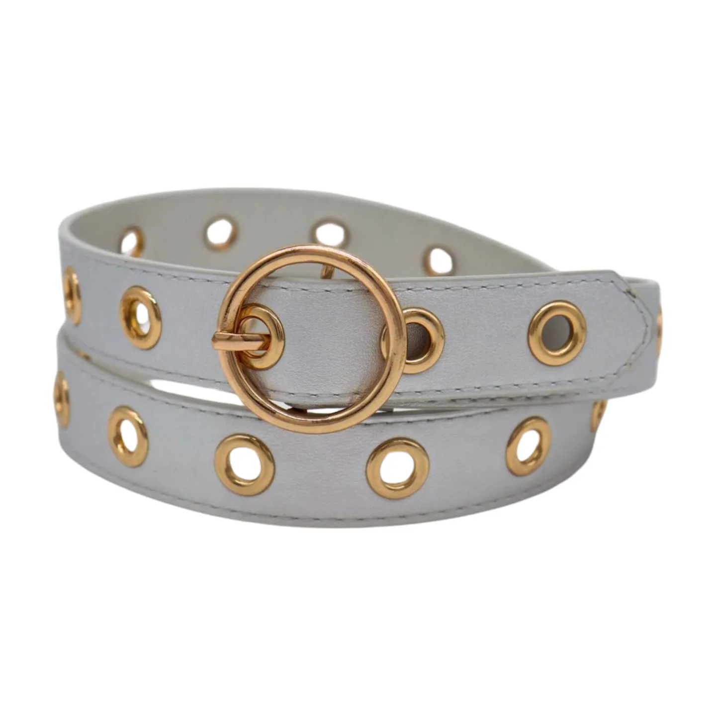 Women Silver Faux Leather Band Holes Fashion Belt Hip Waist Gold Buckle Size XS S M