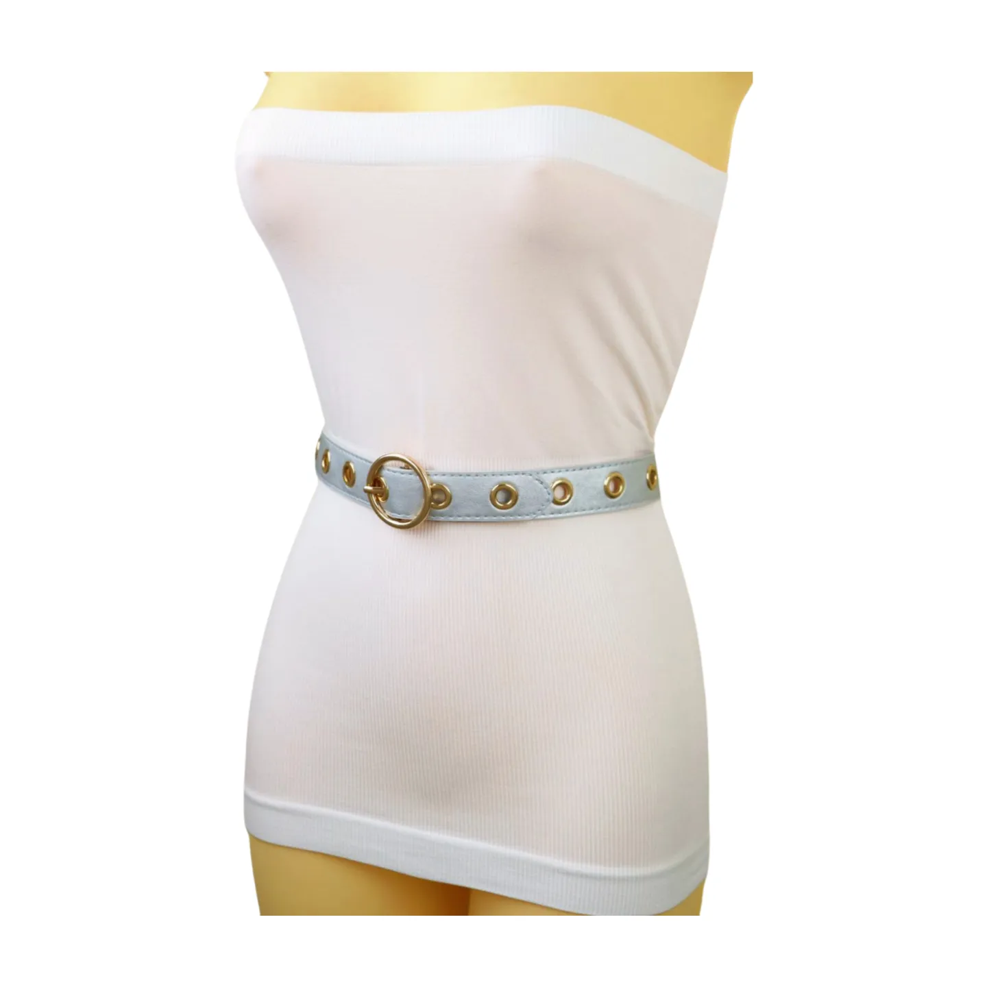 Women Silver Faux Leather Band Holes Fashion Belt Hip Waist Gold Buckle Size XS S M