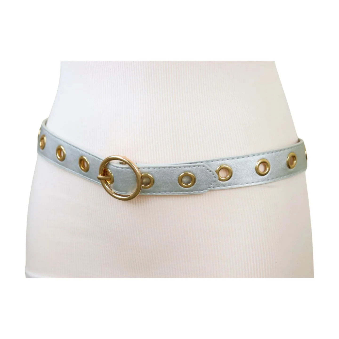 Women Silver Faux Leather Band Holes Fashion Belt Hip Waist Gold Buckle Size XS S M