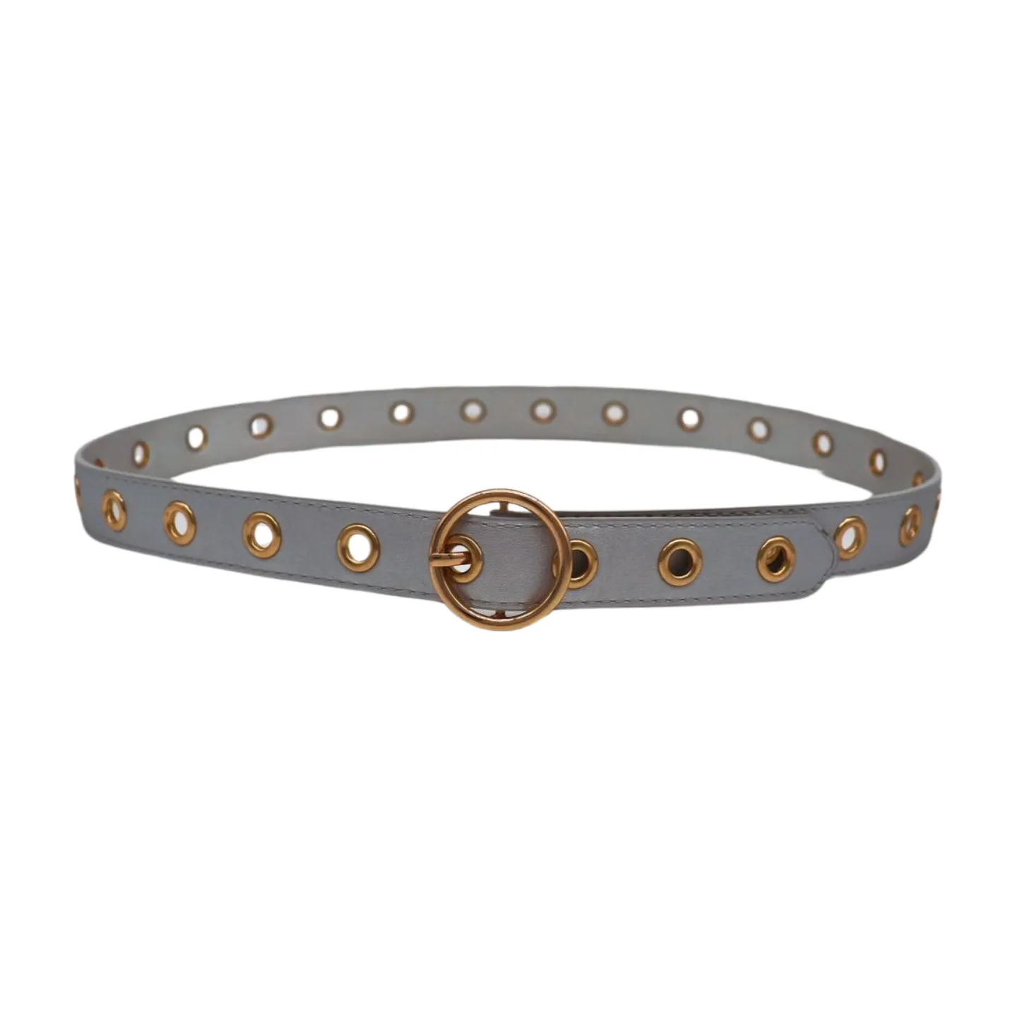 Women Silver Faux Leather Band Holes Fashion Belt Hip Waist Gold Buckle Size XS S M