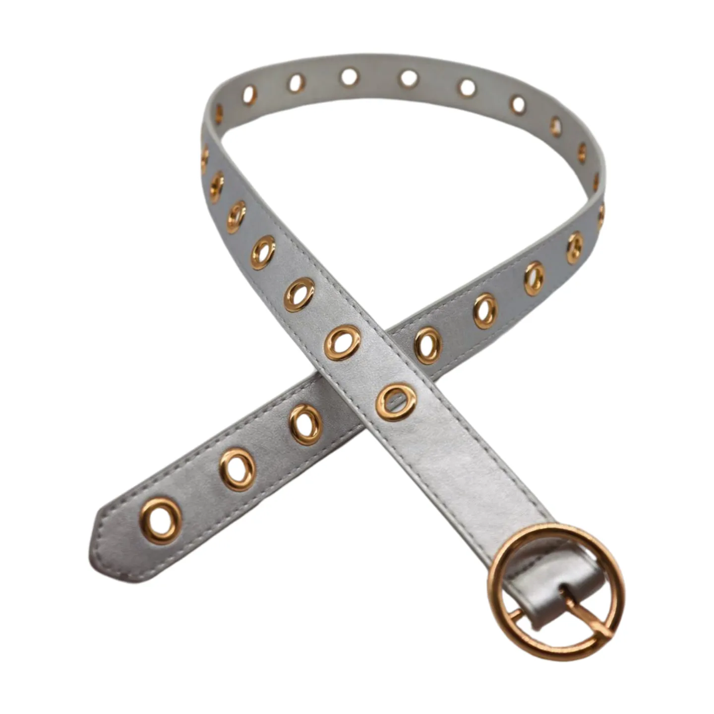 Women Silver Faux Leather Band Holes Fashion Belt Hip Waist Gold Buckle Size XS S M