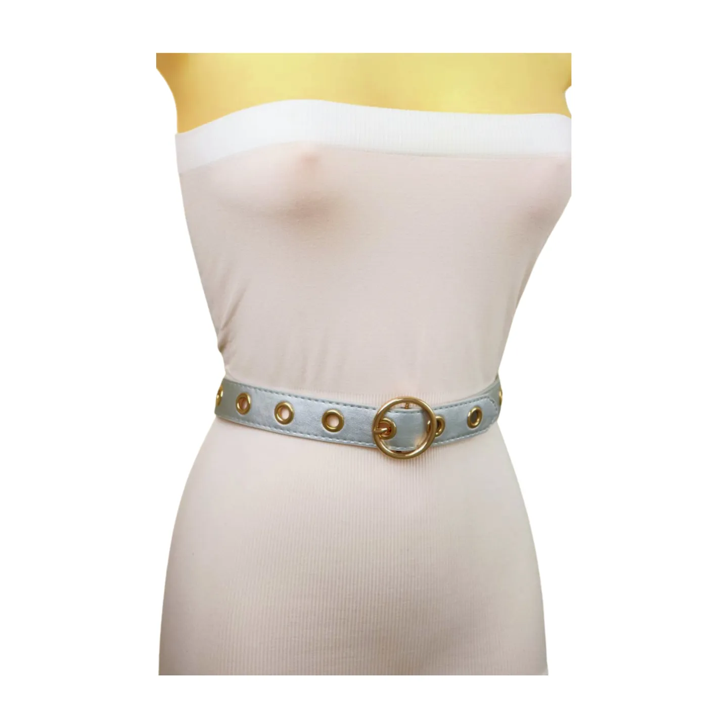 Women Silver Faux Leather Band Holes Fashion Belt Hip Waist Gold Buckle Size XS S M