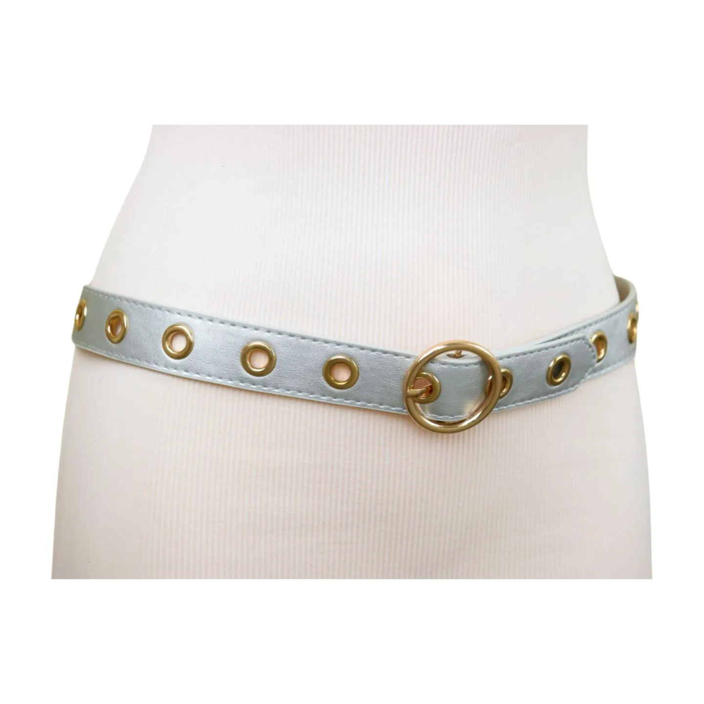 Women Silver Faux Leather Band Holes Fashion Belt Hip Waist Gold Buckle Size XS S M