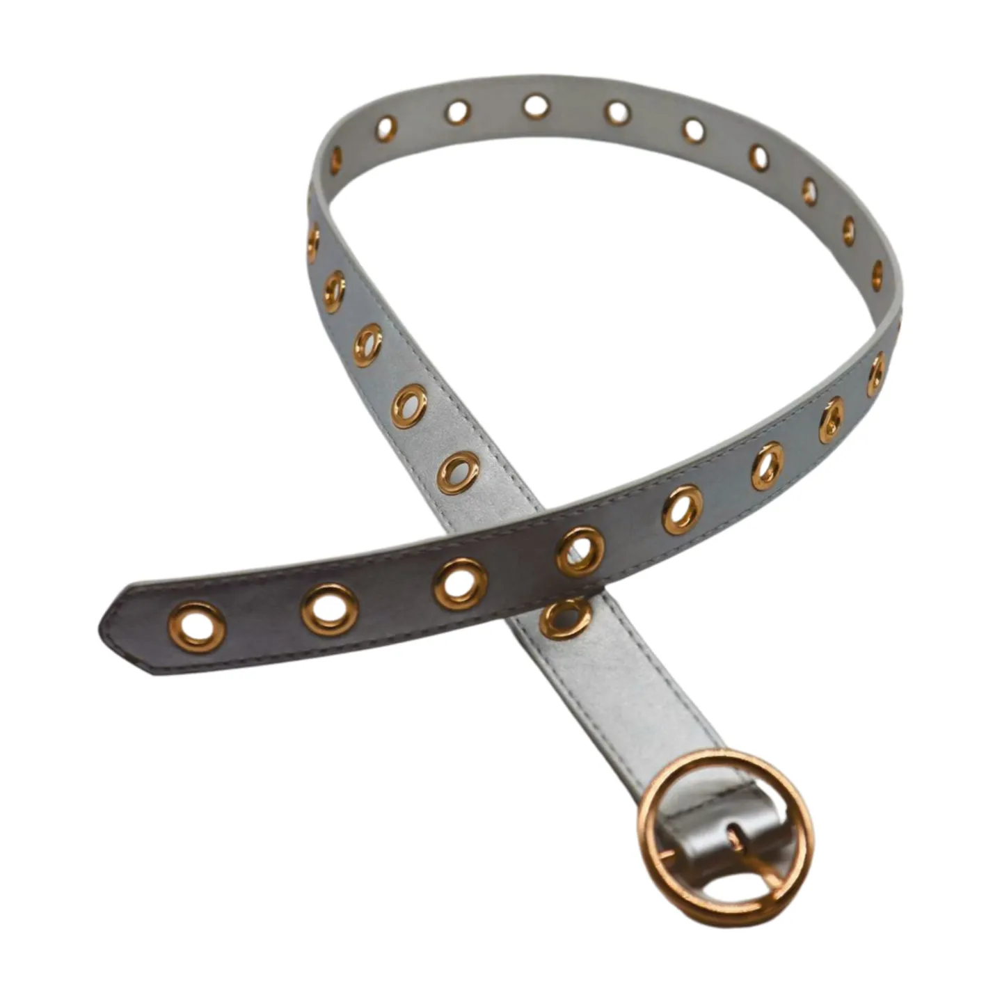 Women Silver Faux Leather Band Holes Fashion Belt Hip Waist Gold Buckle Size XS S M