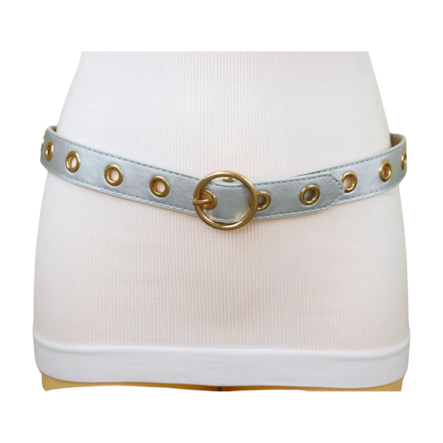 Women Silver Faux Leather Band Holes Fashion Belt Hip Waist Gold Buckle Size XS S M