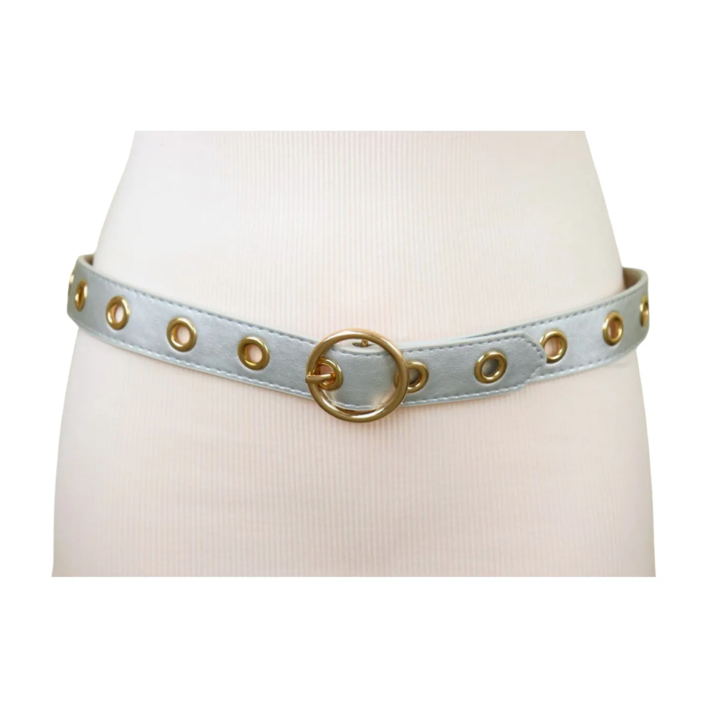 Women Silver Faux Leather Band Holes Fashion Belt Hip Waist Gold Buckle Size XS S M