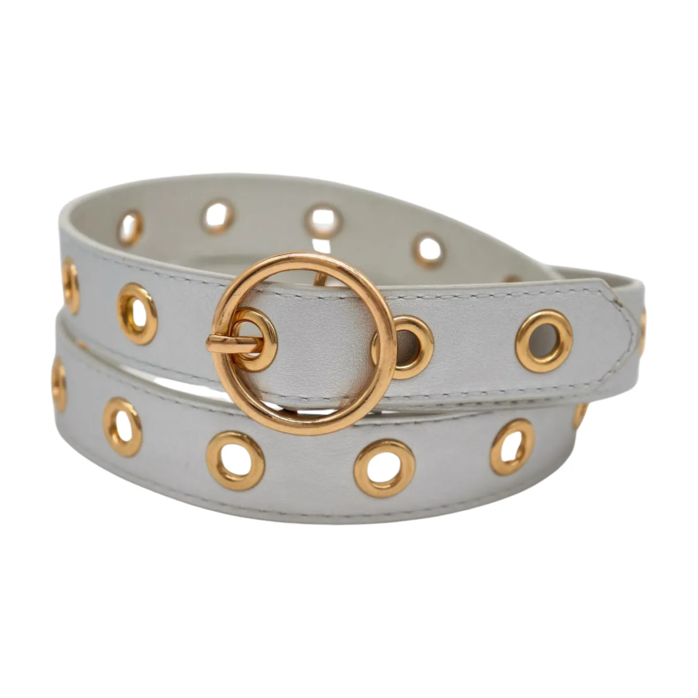 Women Silver Faux Leather Band Holes Fashion Belt Hip Waist Gold Buckle Size XS S M
