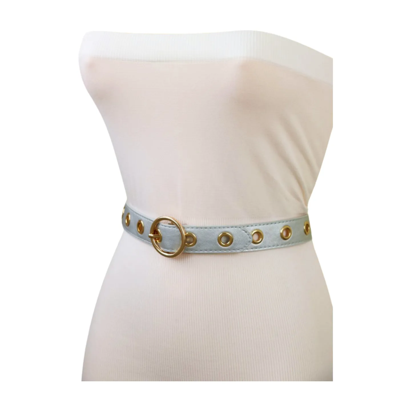 Women Silver Faux Leather Band Holes Fashion Belt Hip Waist Gold Buckle Size XS S M