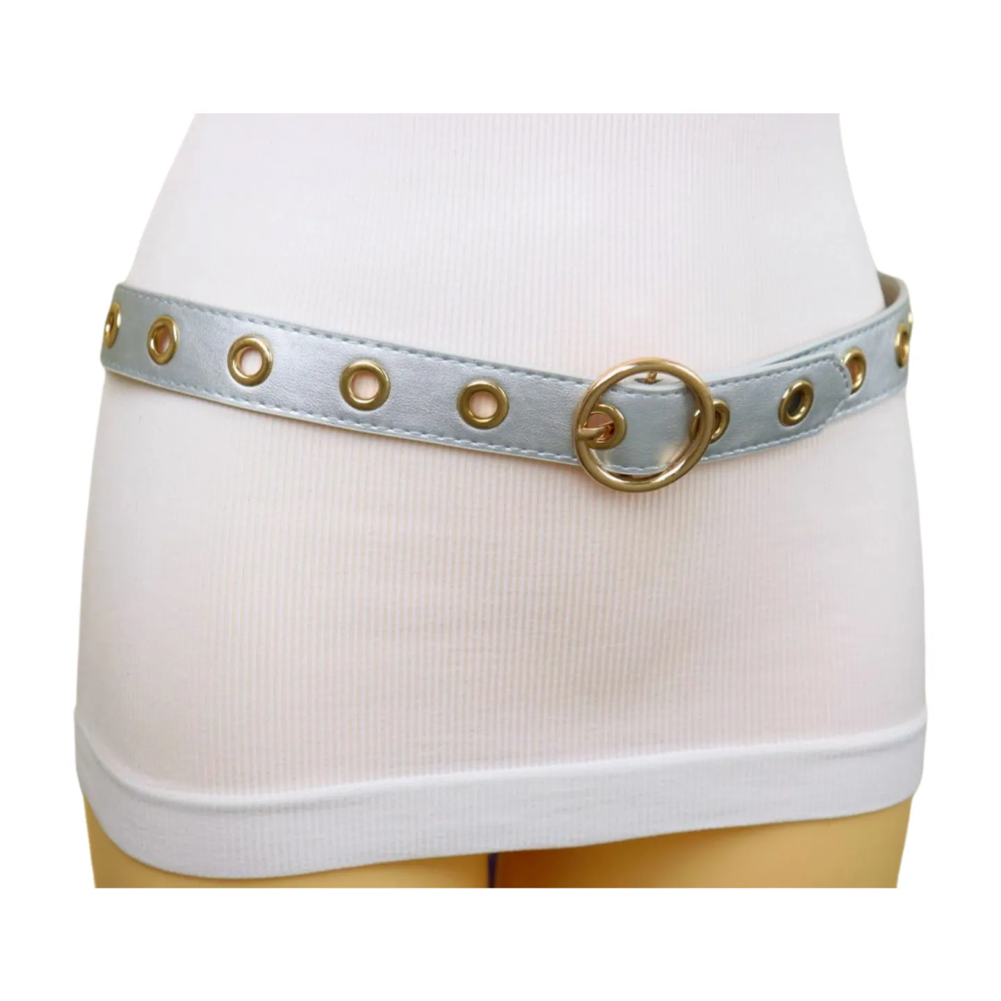 Women Silver Faux Leather Band Holes Fashion Belt Hip Waist Gold Buckle Size XS S M