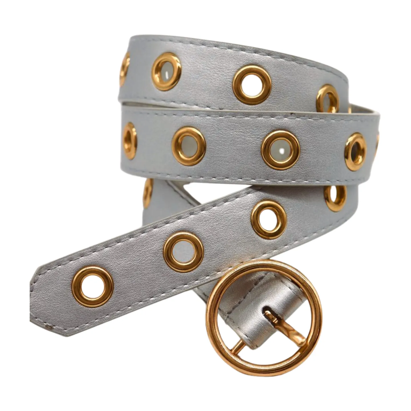 Women Silver Faux Leather Band Holes Fashion Belt Hip Waist Gold Buckle Size XS S M