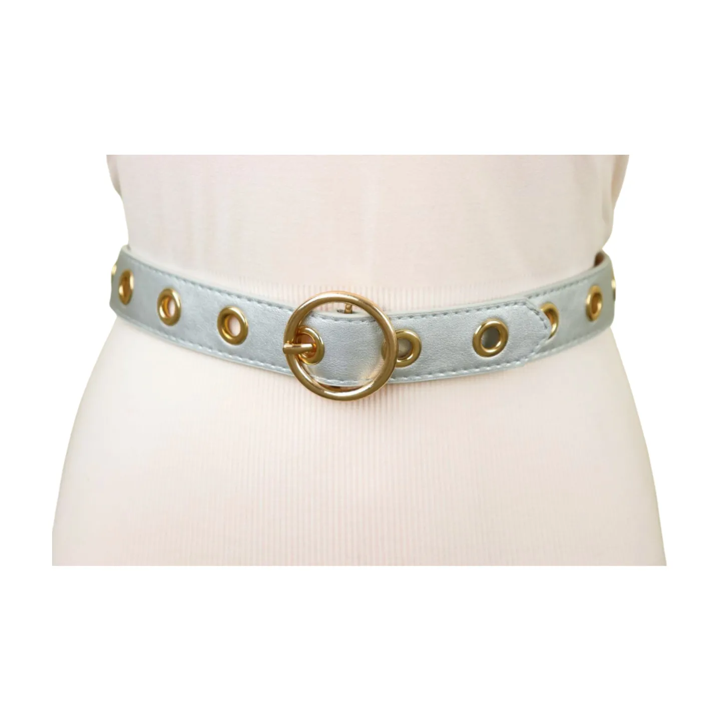 Women Silver Faux Leather Band Holes Fashion Belt Hip Waist Gold Buckle Size XS S M