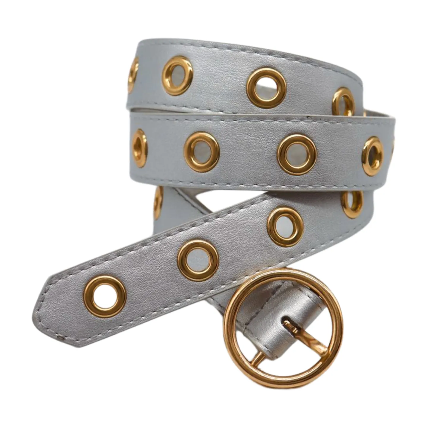 Women Silver Faux Leather Band Holes Fashion Belt Hip Waist Gold Buckle Size XS S M