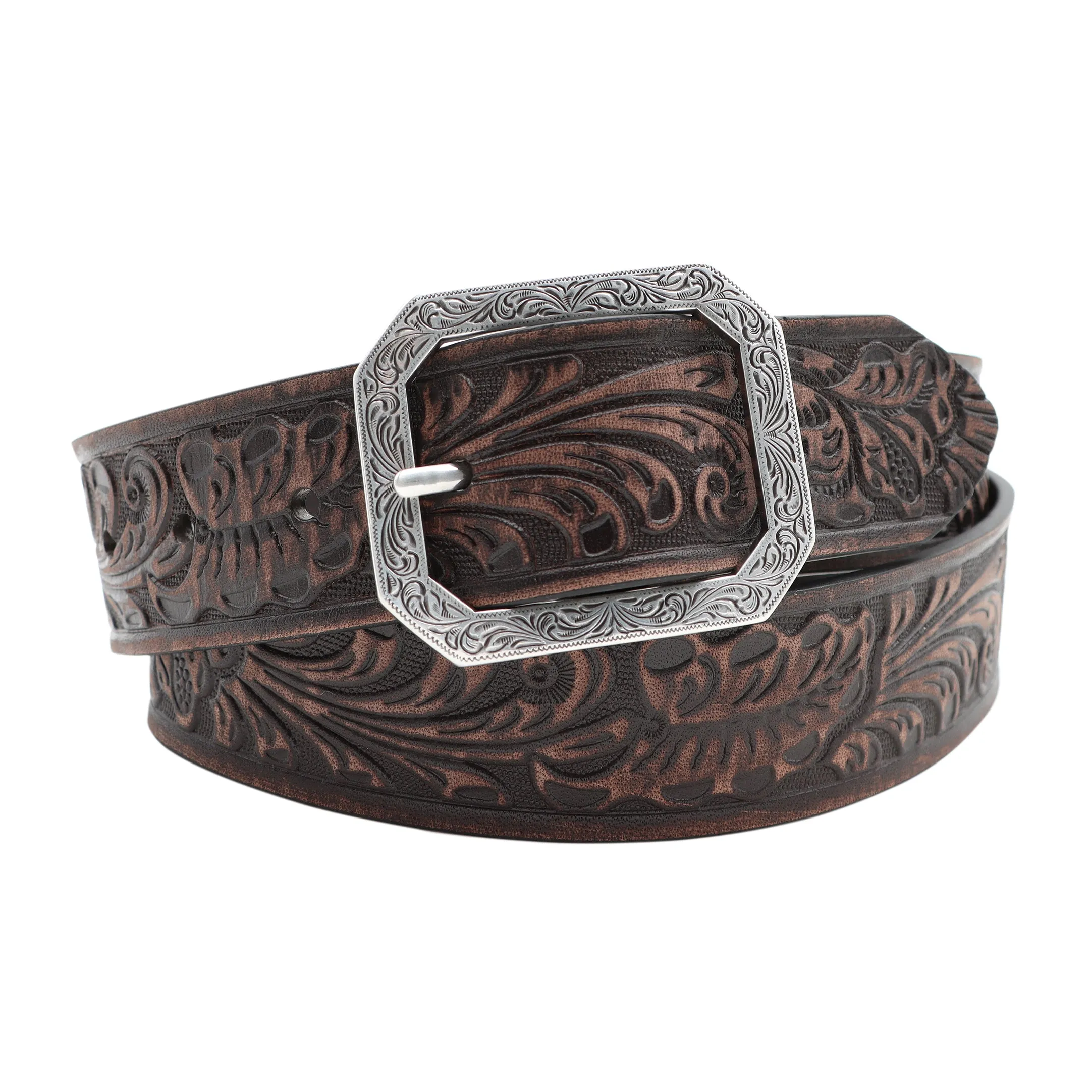 Women's 1 1/2" Tooled with Rectangular Engraved Buckle Belt
