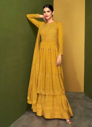 Yellow Gold Heavy Embroidered Designer Sharara Suit