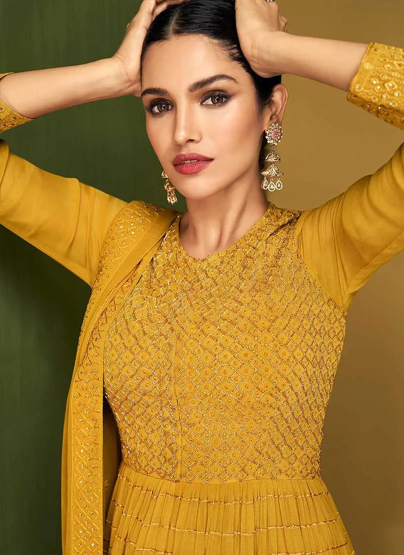 Yellow Gold Heavy Embroidered Designer Sharara Suit
