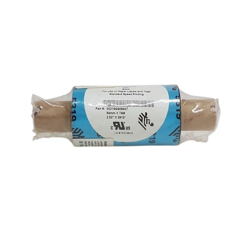 Zebra Wax Ribbon, 64mmx74m (2.52inx242ft), 5319; Performance, 12mm (0.5in) core