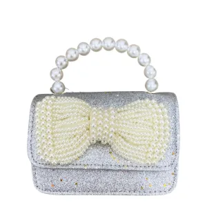 Zomi Gems Glitter Pearl Bow Handle Handbag  - Silver