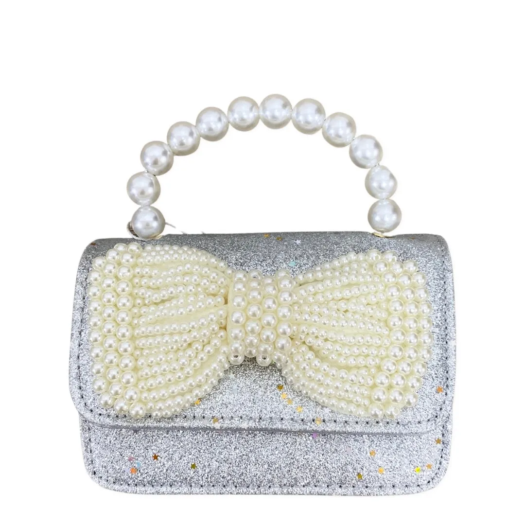 Zomi Gems Glitter Pearl Bow Handle Handbag  - Silver